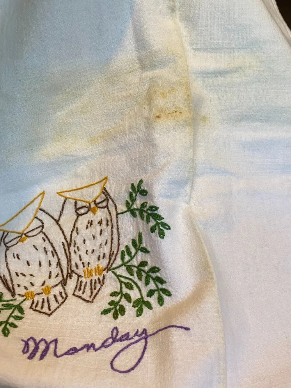Antique Hand Embroidered Flour Sack Kitchen Towels Owls 7 Days Week Monday